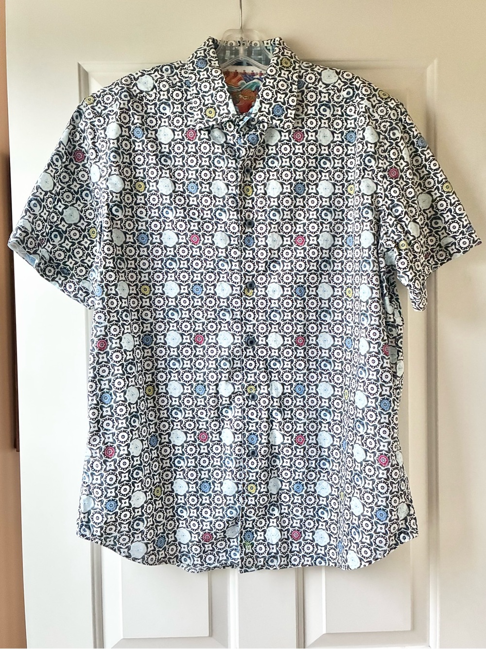 Robert Graham Cotton Shirt Short Sleeve Geometric Pattern Multicolor Shirt M